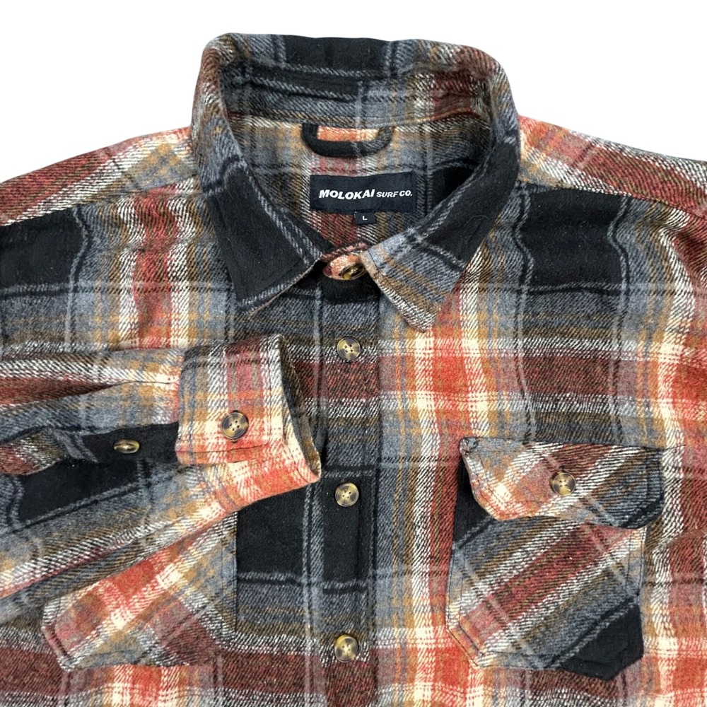 MOLOKAI SURF CO Mens Plaid Flannel Shirt Jacket Red Black Grey Size‎ L Shacket